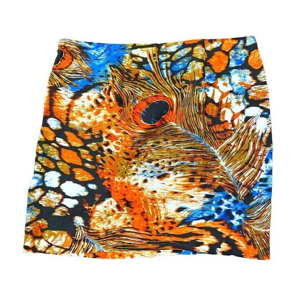 Zoe D. 100% Linen Maximalist Peacock Feather Abstract Design Mini Skirt - Picture 1 of 4